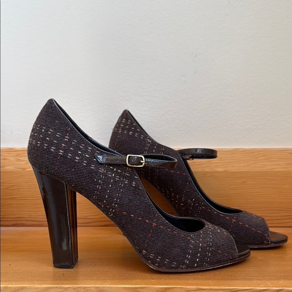 Steven by Steve Madden Size 9 Brown Tweed Mary Jane Peep Toe Heels Y2K